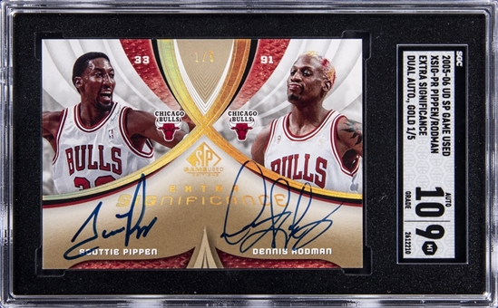 2005-06 Upper Deck SP Game Used "Extra Significance" #XSIG-PR Scottie Pippen & Dennis Rodman Dual Signed Card (#1/5) - SGC MT 9/AUTO 10